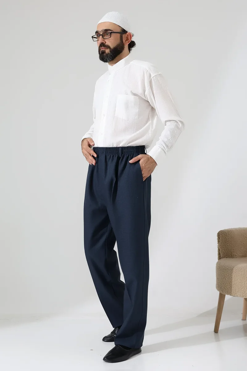 Erkek Kışlık Graf Kareli Kumaş Şalvar Pantolon, Beli Lastikli Cepli - Mavi (ISR) - 4