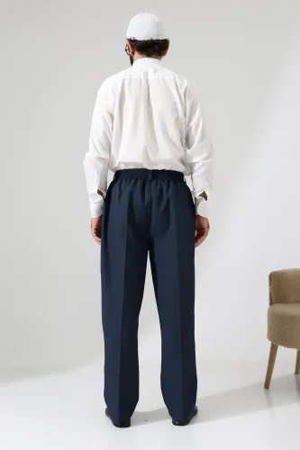 Erkek Kışlık Graf Kareli Kumaş Şalvar Pantolon, Beli Lastikli Cepli - Mavi (ISR) - 7