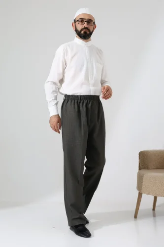 Erkek Kışlık Graf Kareli Kumaş Şalvar Pantolon, Beli Lastikli Cepli - Toprak (ISR) - İhvan (1)