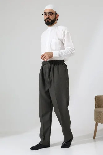 Erkek Kışlık Graf Kareli Kumaş Şalvar Pantolon, Beli Lastikli Cepli - Toprak (ISR) - 3