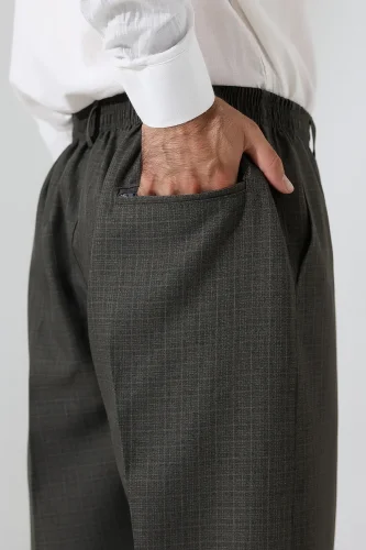 Erkek Kışlık Graf Kareli Kumaş Şalvar Pantolon, Beli Lastikli Cepli - Toprak (ISR) - 5