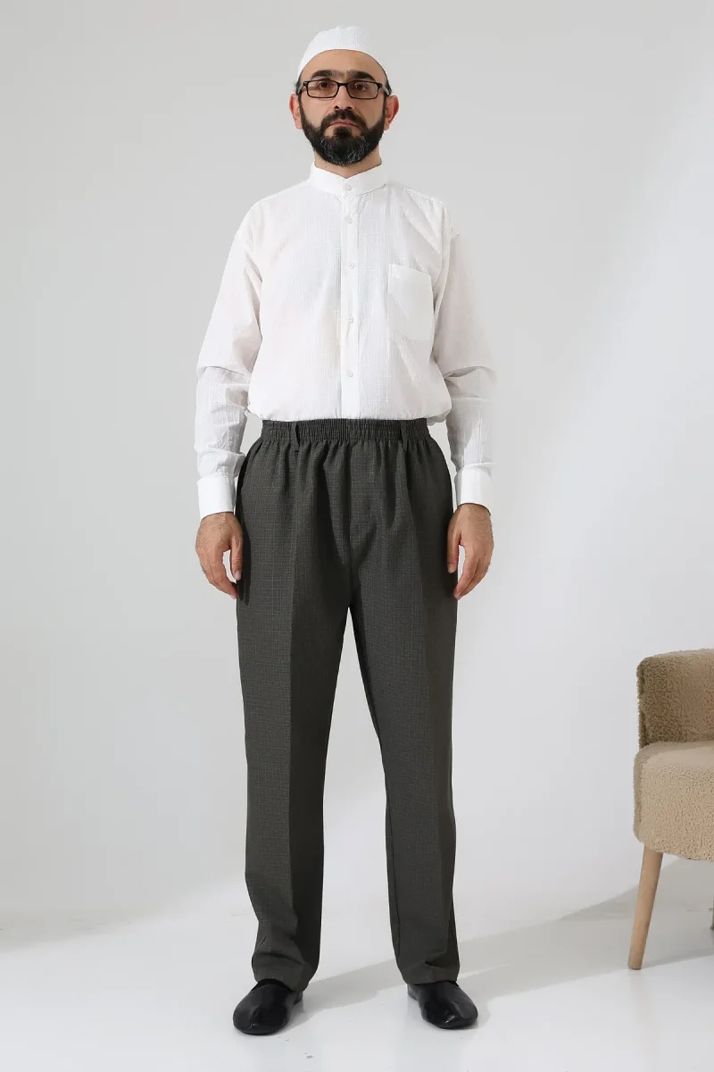 Erkek Kışlık Graf Kareli Kumaş Şalvar Pantolon, Beli Lastikli Cepli - Toprak (ISR) - 7