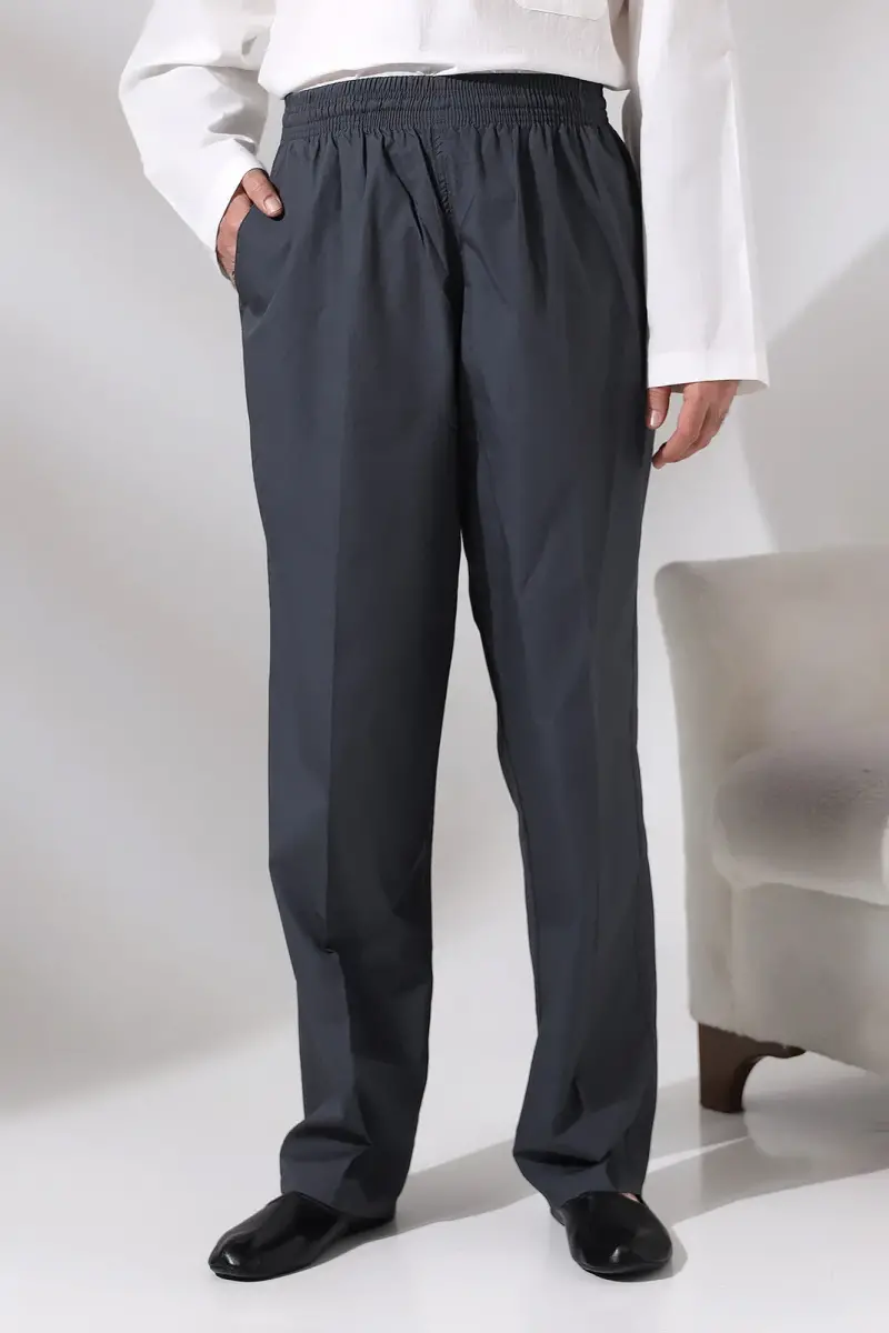 Erkek Füme Çınar Rahat Kesim Beli Lastikli Hac ve Umre Keten Şalvar Pantolon - 1