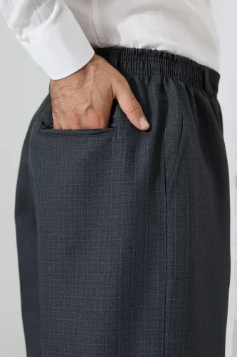 Erkek Hac Umre Graf Kareli Kumaş Pantolon, Beli Lastikli Cepli - Füme (ISR) - 2