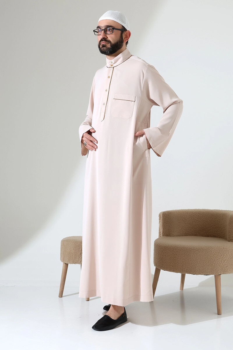 Erkek Hac ve Umre Kıyafeti Hakim Yaka Uzun Dubai Krep Cellabiye Fistan - Bej - ihvanonline