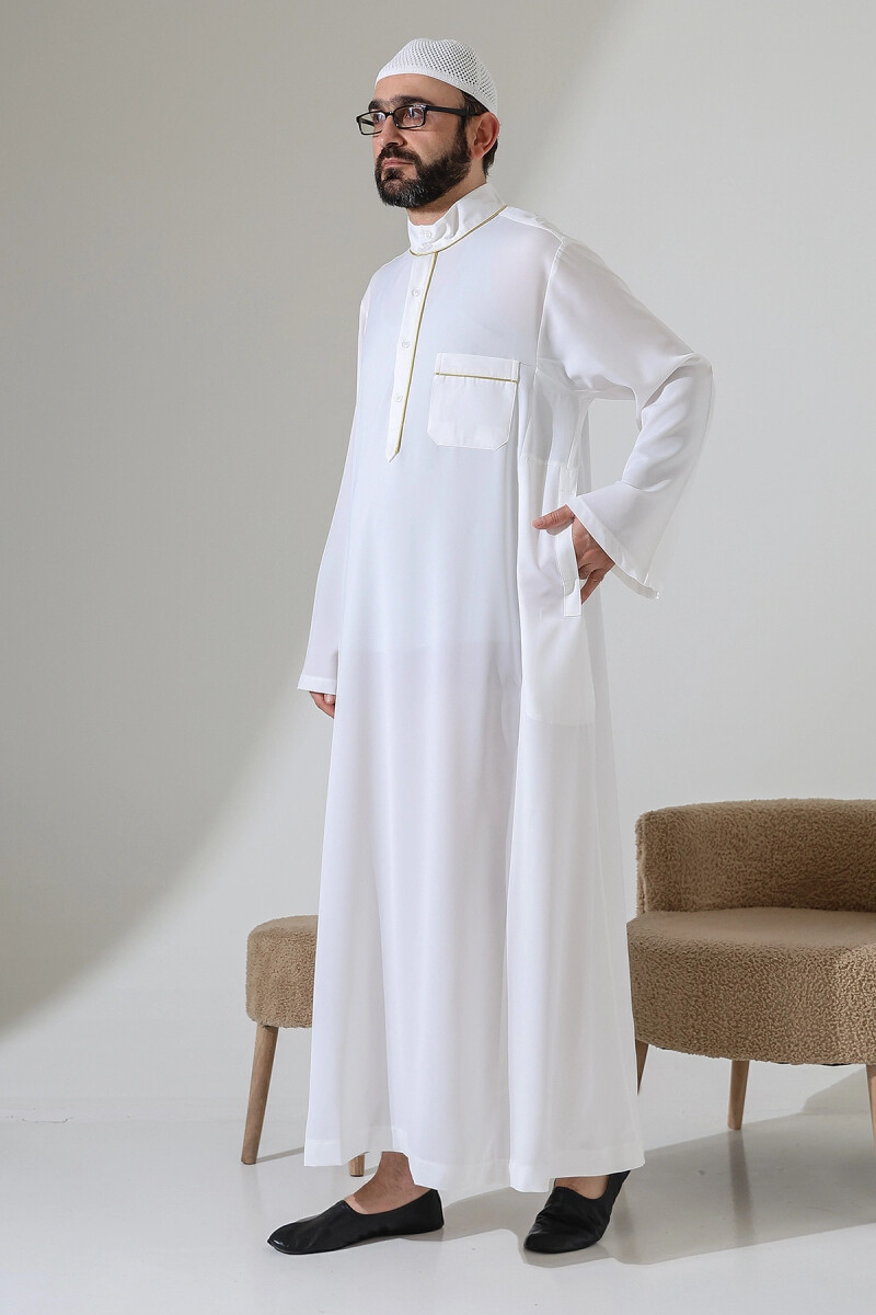 Erkek Hac ve Umre Kıyafeti Hakim Yaka Uzun Dubai Krep Cellabiye Fistan - Beyaz - ihvanonline