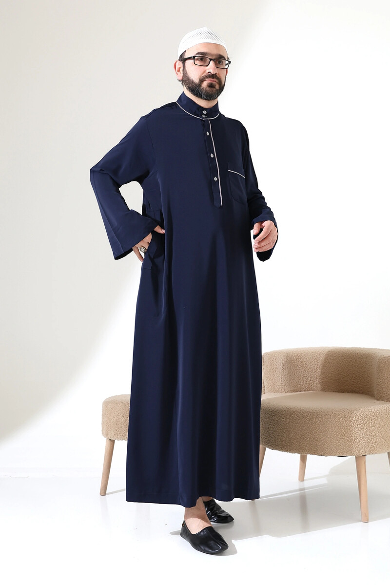 Erkek Hac ve Umre Kıyafeti Hakim Yaka Uzun Dubai Krep Cellabiye Fistan - Lacivert - ihvanonline