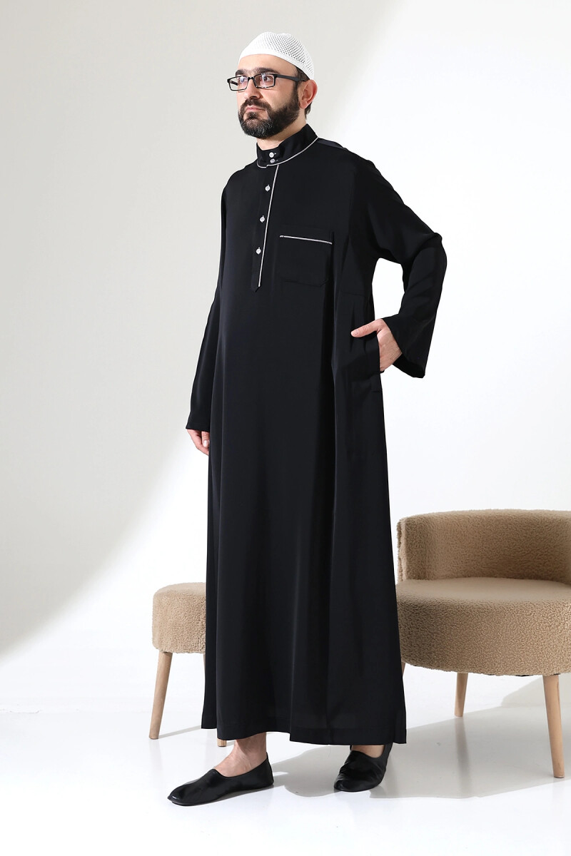 Erkek Hac ve Umre Kıyafeti Hakim Yaka Uzun Dubai Krep Cellabiye Fistan - Siyah - ihvanonline