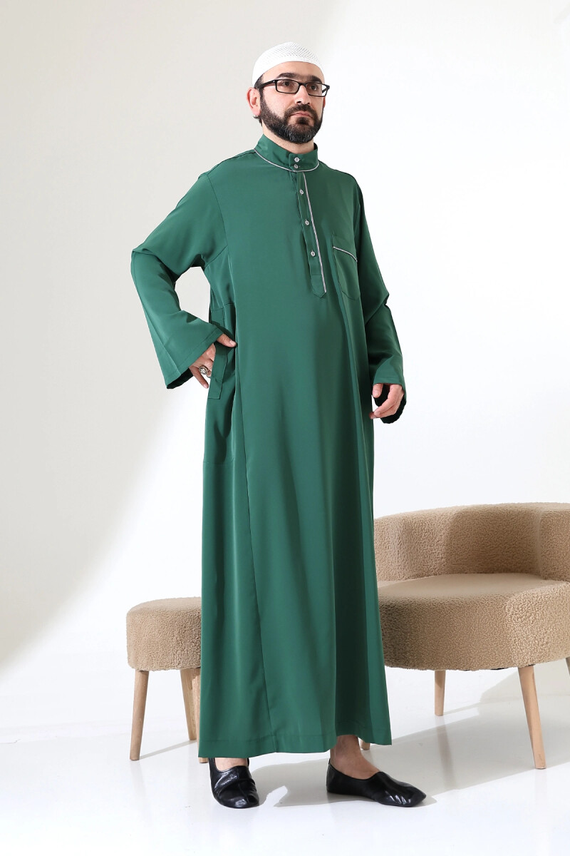 Erkek Hac ve Umre Kıyafeti Hakim Yaka Uzun Dubai Krep Cellabiye Fistan - Yeşil - ihvanonline