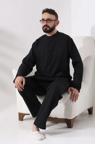 Erkek Hac ve Umre Kıyafeti İkili Alt Üst Afgan Takım Siyah - 5