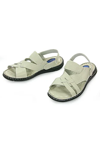Erkek Hakiki Deri Hac Umre Sandaleti Anatomik Ortopedik Tabanlı Rahat Sandalet Terlik - Krem - 4