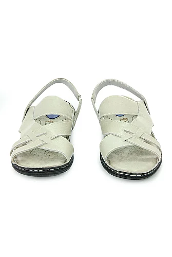 Erkek Hakiki Deri Hac Umre Sandaleti Anatomik Ortopedik Tabanlı Rahat Sandalet Terlik - Krem - 6