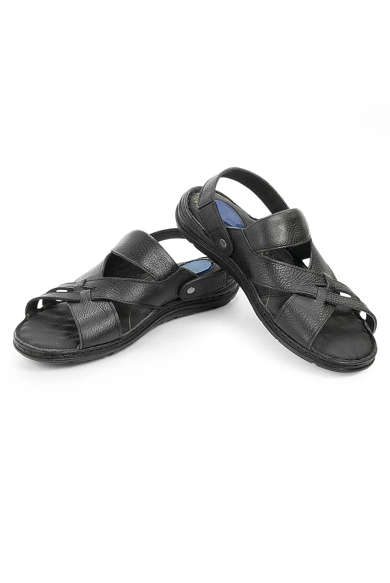 Erkek Hakiki Deri Hac Umre Sandaleti Anatomik Ortopedik Tabanlı Rahat Sandalet Terlik - Siyah - 8