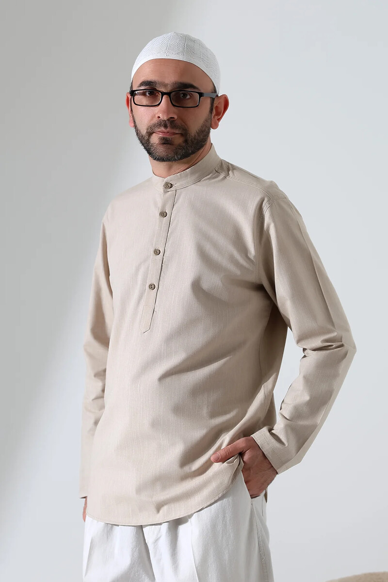 Erkek Hakim Yaka Uzun Kollu Düğmeli Keten Gömlek Bej (Vşn) - ihvanonline