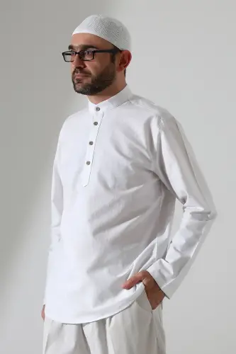Erkek Hakim Yaka Uzun Kollu Düğmeli Keten Gömlek Beyaz (Vşn) - 1