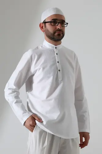 Erkek Hakim Yaka Uzun Kollu Düğmeli Keten Gömlek Beyaz (Vşn) - ihvanonline (1)