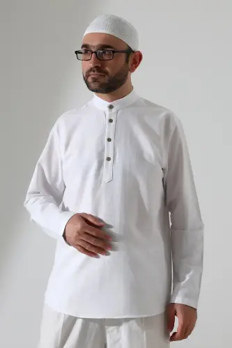 Erkek Hakim Yaka Uzun Kollu Düğmeli Keten Gömlek Beyaz (Vşn) - 3