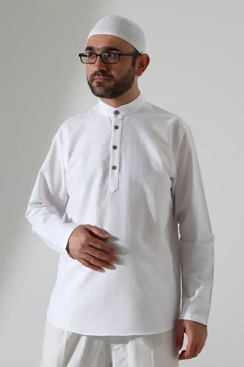Erkek Hakim Yaka Uzun Kollu Düğmeli Keten Gömlek Beyaz (Vşn) - 3