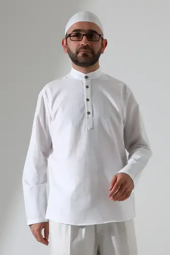 Erkek Hakim Yaka Uzun Kollu Düğmeli Keten Gömlek Beyaz (Vşn) - 4