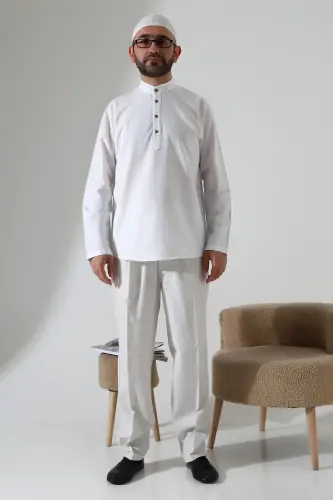 Erkek Hakim Yaka Uzun Kollu Düğmeli Keten Gömlek Beyaz (Vşn) - 5