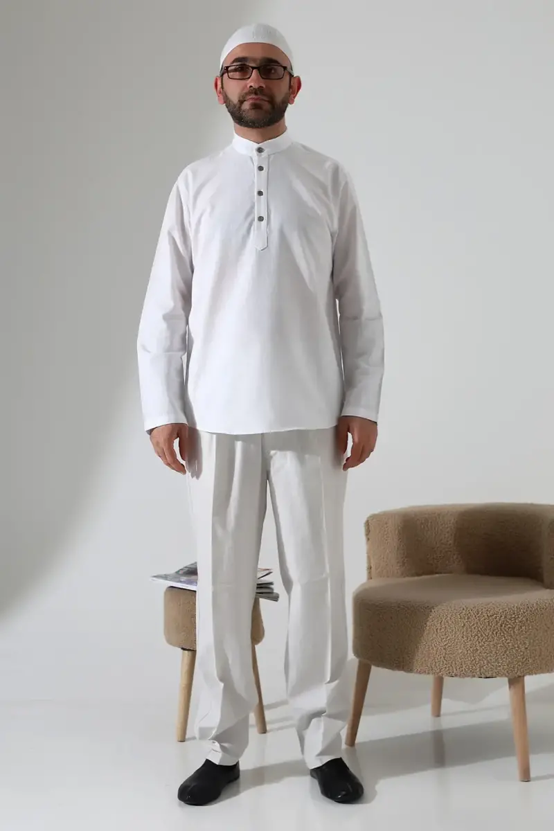 Erkek Hakim Yaka Uzun Kollu Düğmeli Keten Gömlek Beyaz (Vşn) - 5