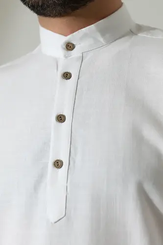 Erkek Hakim Yaka Uzun Kollu Düğmeli Keten Gömlek Beyaz (Vşn) - 6
