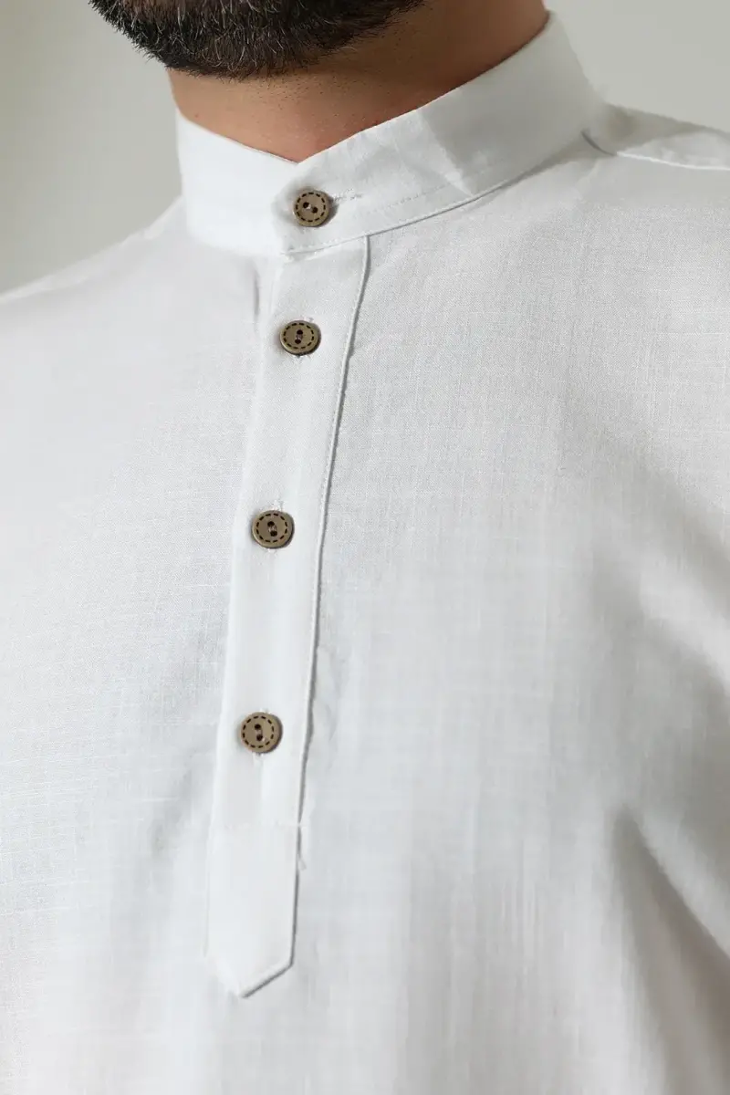 Erkek Hakim Yaka Uzun Kollu Düğmeli Keten Gömlek Beyaz (Vşn) - 6