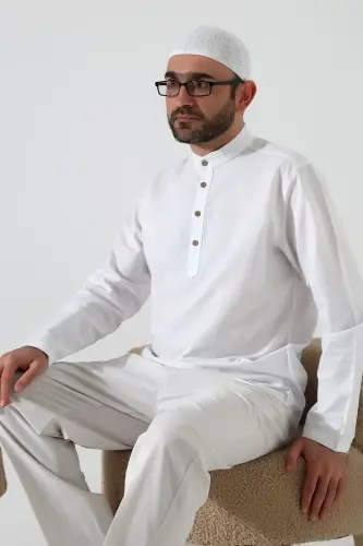 Erkek Hakim Yaka Uzun Kollu Düğmeli Keten Gömlek Beyaz (Vşn) - 7