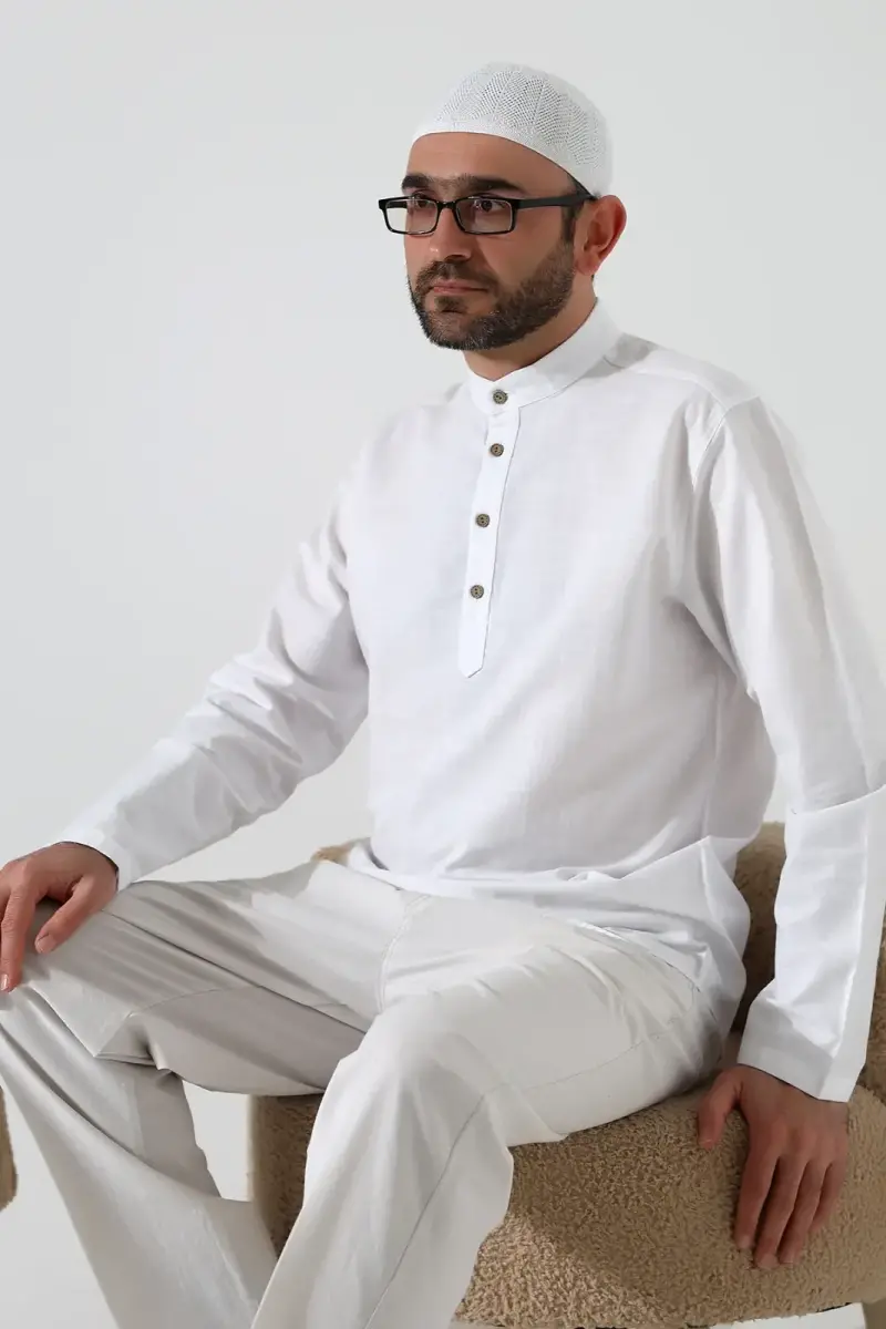 Erkek Hakim Yaka Uzun Kollu Düğmeli Keten Gömlek Beyaz (Vşn) - 7
