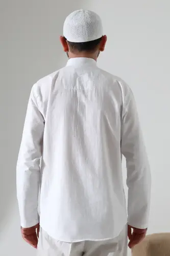 Erkek Hakim Yaka Uzun Kollu Düğmeli Keten Gömlek Beyaz (Vşn) - 8