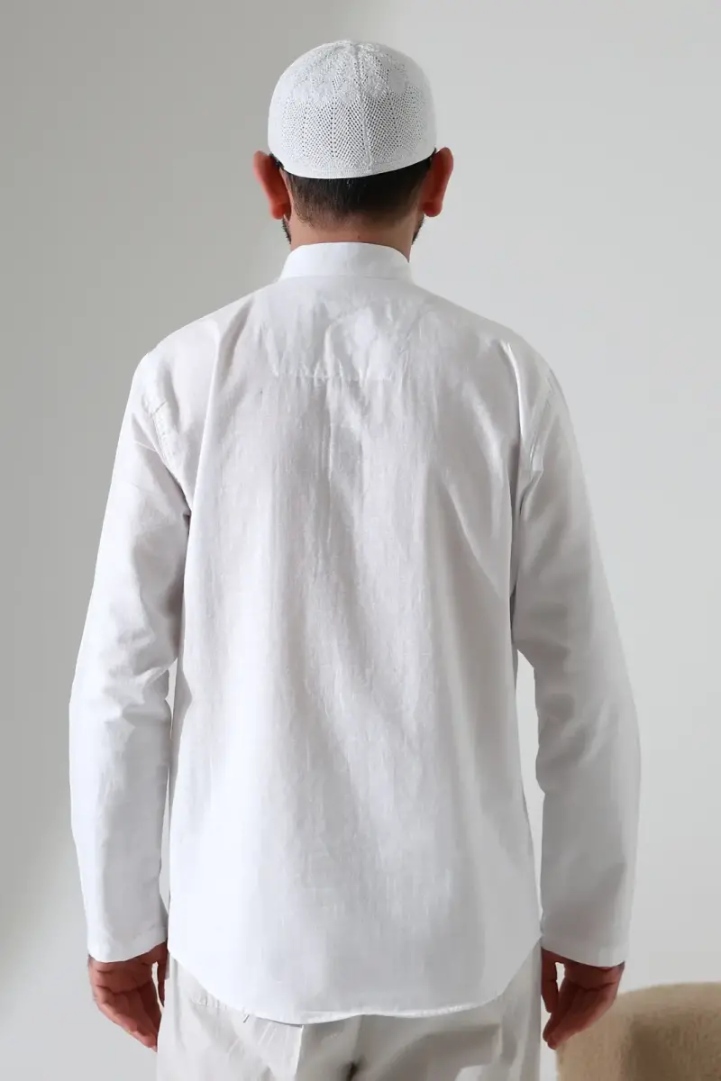 Erkek Hakim Yaka Uzun Kollu Düğmeli Keten Gömlek Beyaz (Vşn) - 8
