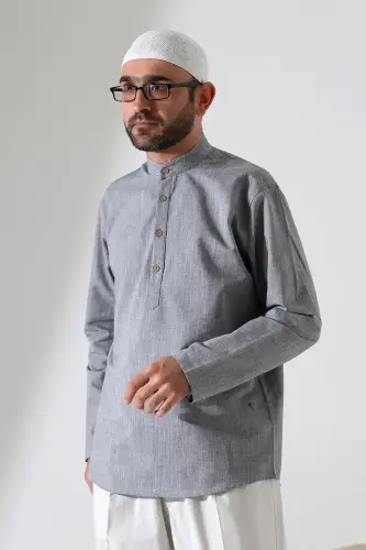 Erkek Hakim Yaka Uzun Kollu Düğmeli Keten Gömlek Gri (Vşn) 