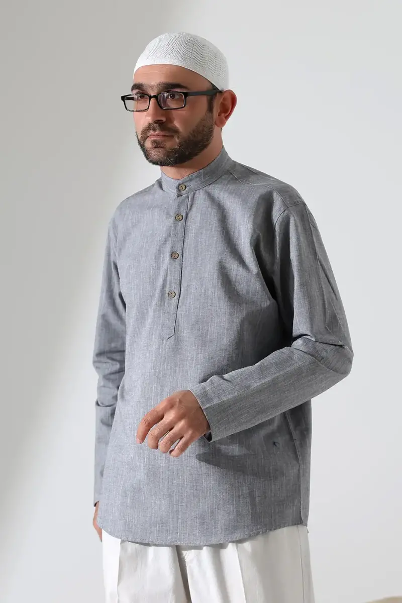 Erkek Hakim Yaka Uzun Kollu Düğmeli Keten Gömlek Gri (Vşn) - 1