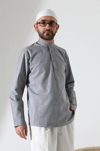 Erkek Hakim Yaka Uzun Kollu Düğmeli Keten Gömlek Gri (Vşn) - ihvanonline (1)