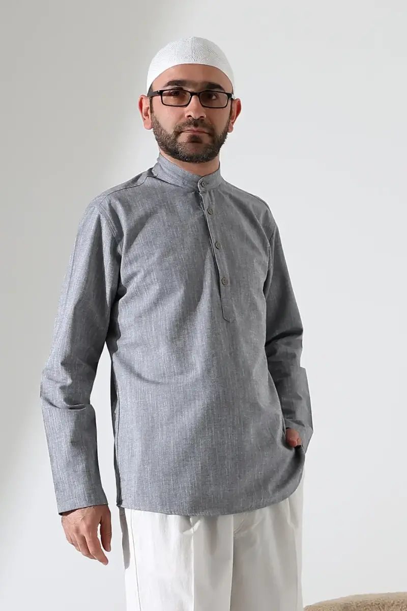 Erkek Hakim Yaka Uzun Kollu Düğmeli Keten Gömlek Gri (Vşn) - 2