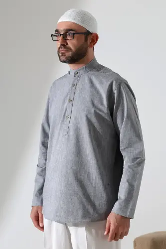 Erkek Hakim Yaka Uzun Kollu Düğmeli Keten Gömlek Gri (Vşn) - 3