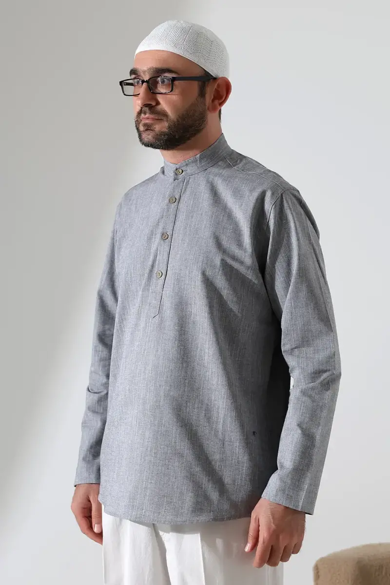 Erkek Hakim Yaka Uzun Kollu Düğmeli Keten Gömlek Gri (Vşn) - 3