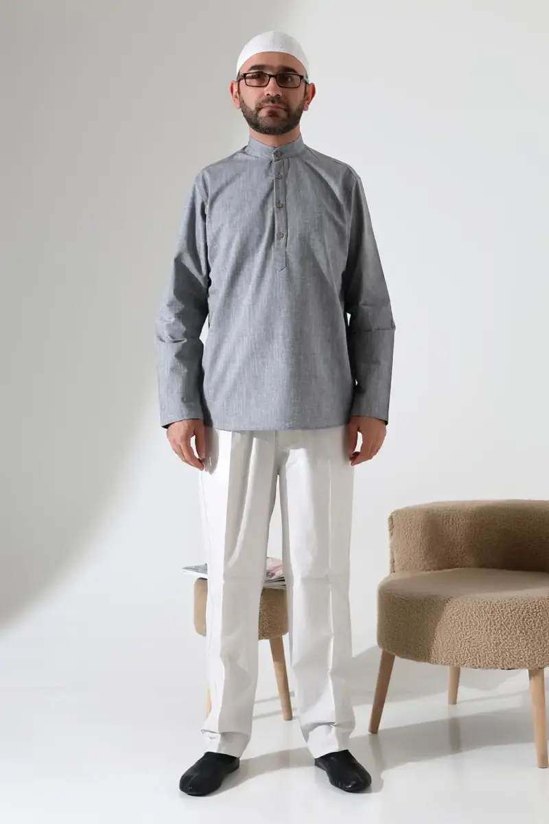 Erkek Hakim Yaka Uzun Kollu Düğmeli Keten Gömlek Gri (Vşn) - 4