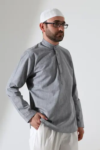 Erkek Hakim Yaka Uzun Kollu Düğmeli Keten Gömlek Gri (Vşn) - 5