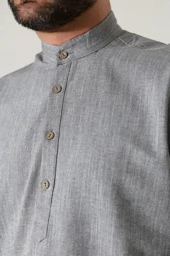 Erkek Hakim Yaka Uzun Kollu Düğmeli Keten Gömlek Gri (Vşn) - 6