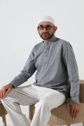 Erkek Hakim Yaka Uzun Kollu Düğmeli Keten Gömlek Gri (Vşn) - 7