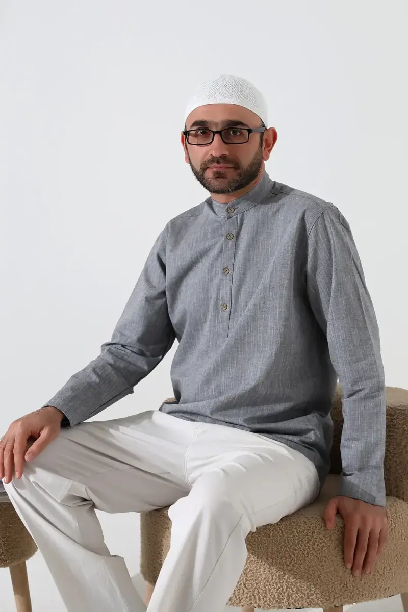 Erkek Hakim Yaka Uzun Kollu Düğmeli Keten Gömlek Gri (Vşn) - 7
