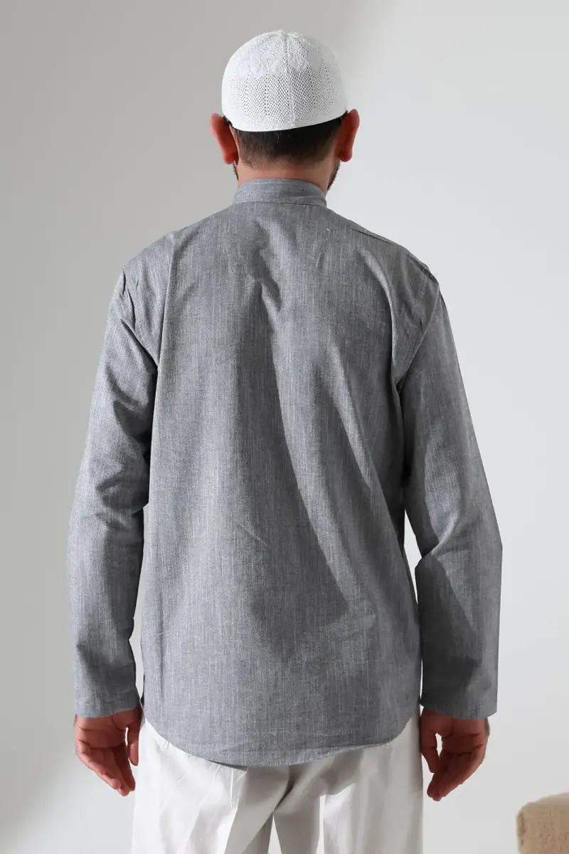 Erkek Hakim Yaka Uzun Kollu Düğmeli Keten Gömlek Gri (Vşn) - 8