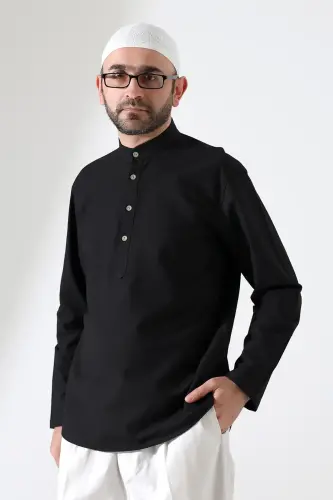 Erkek Hakim Yaka Uzun Kollu Düğmeli Keten Gömlek Siyah (Vşn) 