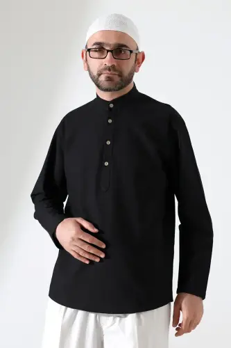 Erkek Hakim Yaka Uzun Kollu Düğmeli Keten Gömlek Siyah (Vşn) - ihvanonline (1)