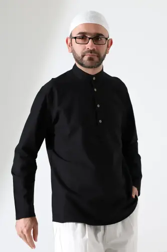 Erkek Hakim Yaka Uzun Kollu Düğmeli Keten Gömlek Siyah (Vşn) - 3