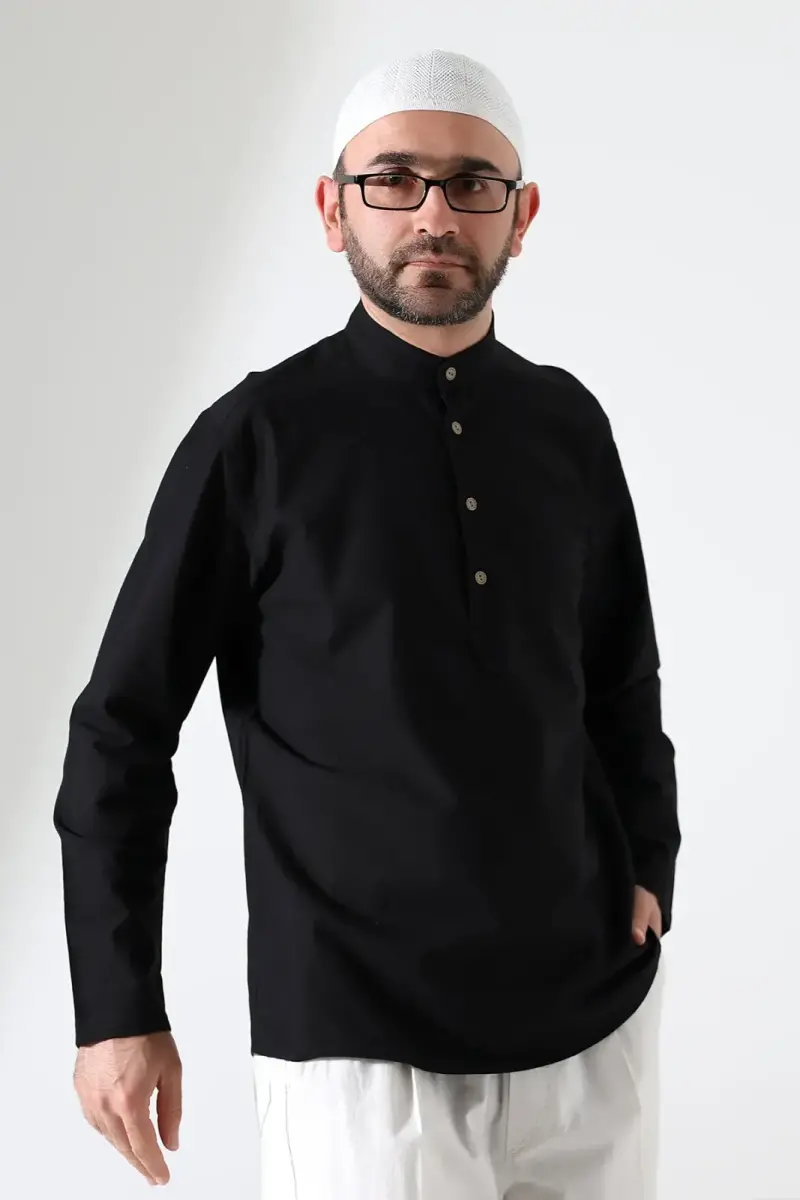 Erkek Hakim Yaka Uzun Kollu Düğmeli Keten Gömlek Siyah (Vşn) - 3