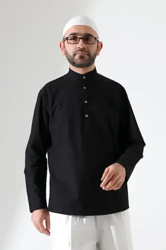Erkek Hakim Yaka Uzun Kollu Düğmeli Keten Gömlek Siyah (Vşn) - 4