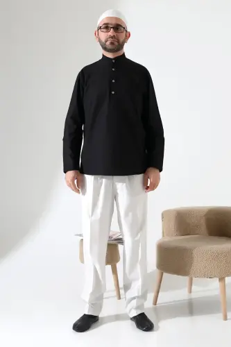 Erkek Hakim Yaka Uzun Kollu Düğmeli Keten Gömlek Siyah (Vşn) - 5