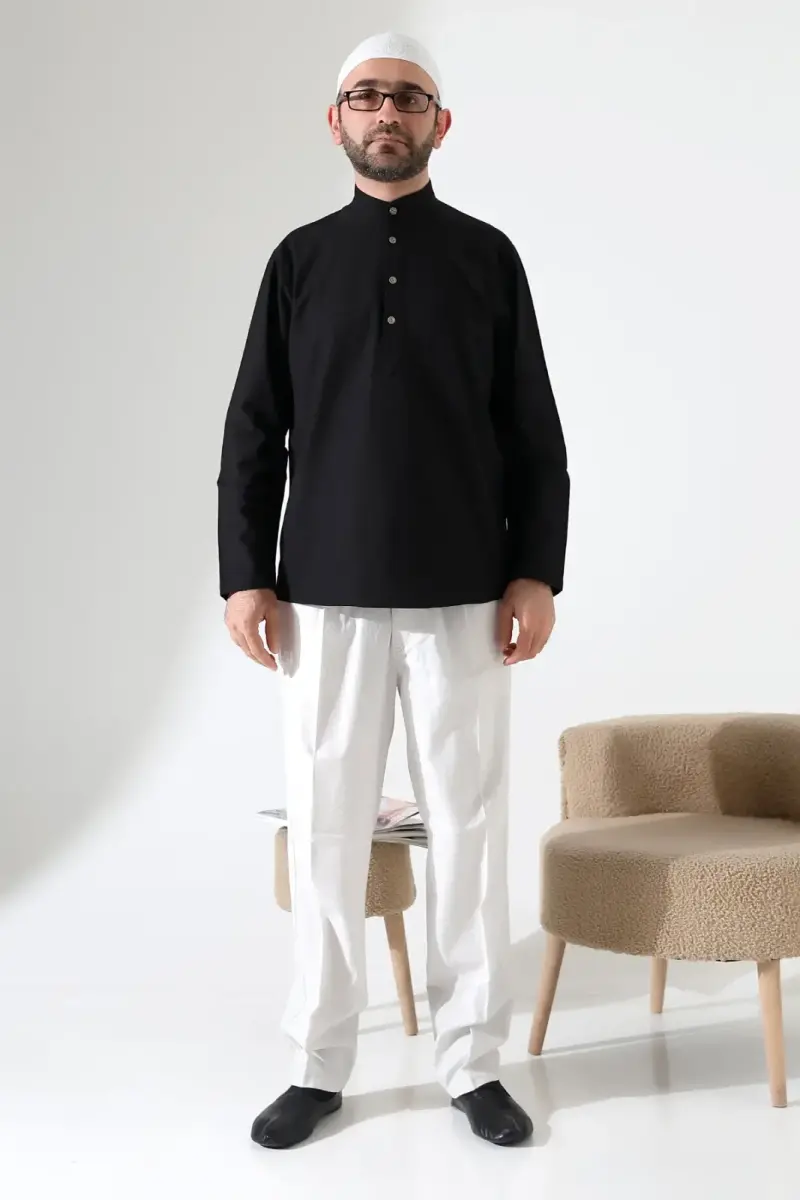 Erkek Hakim Yaka Uzun Kollu Düğmeli Keten Gömlek Siyah (Vşn) - 5